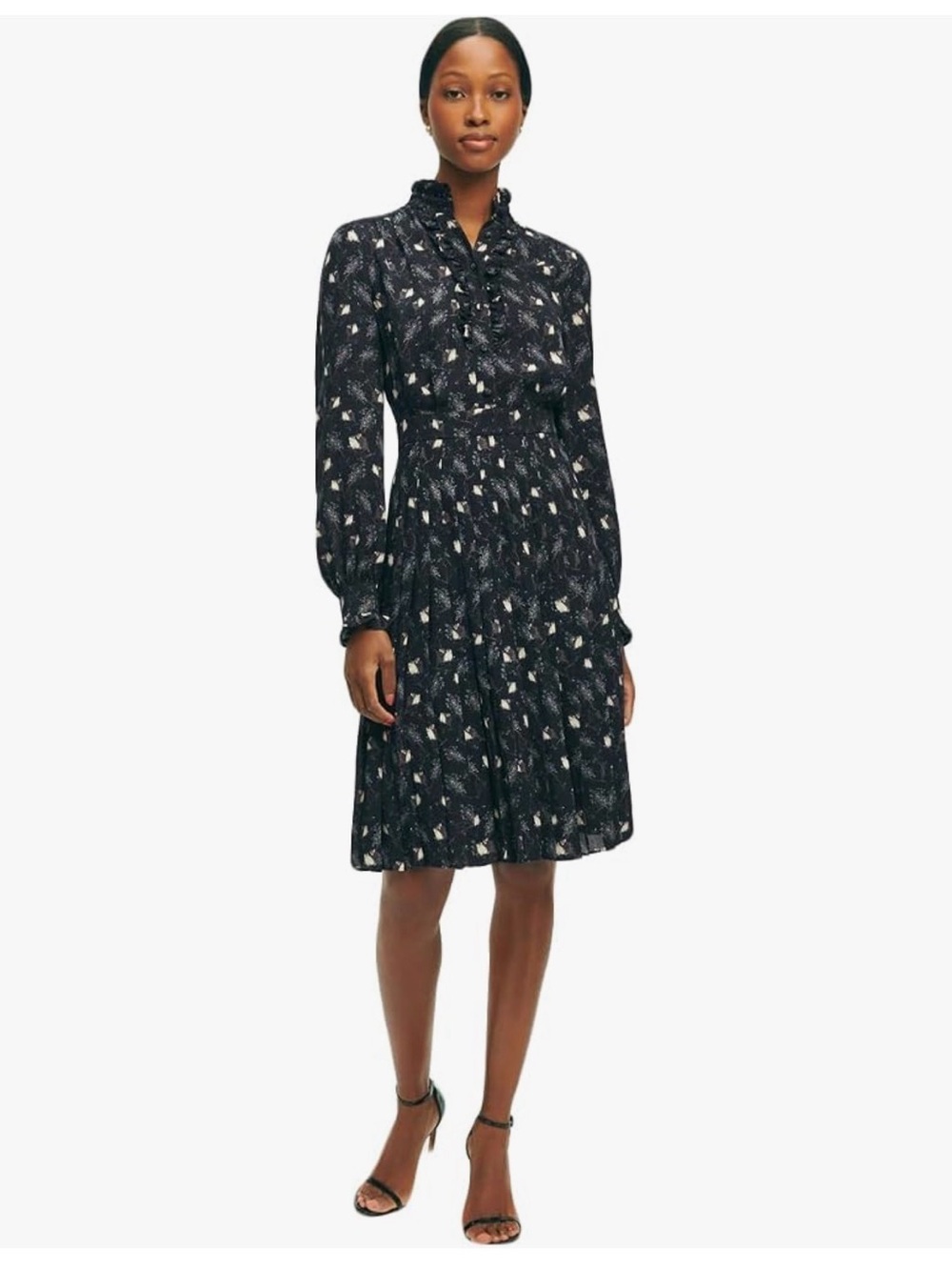 Brooks Brothers Long-Sleeve Black Floral Ruffle owl print Neck Dress. - Picture 2 of 14